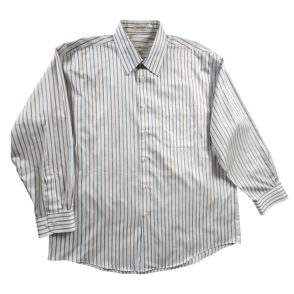 Pronto Uomo Mens 17 32/33 Non-Iron Stripe Dress Shirt White Blue 100% Cotton EUC